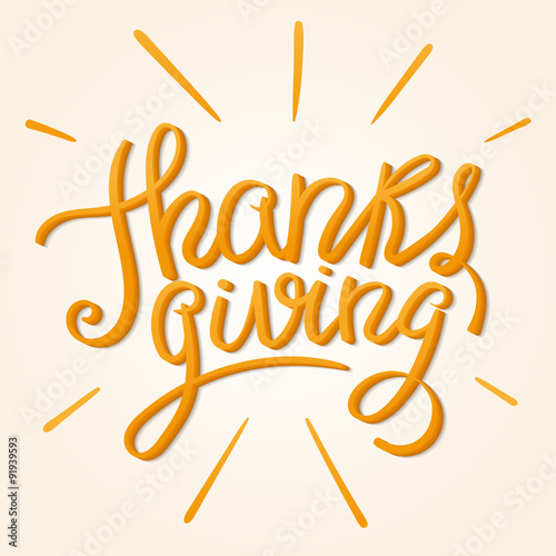 Happy Thanksgiving Day. Hand Lettered Orange Text with Rays.