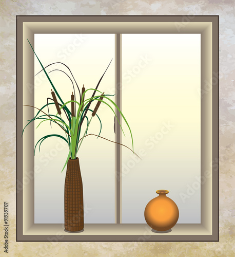 Artificial cattails next to an orange vase resting in a bathroom window