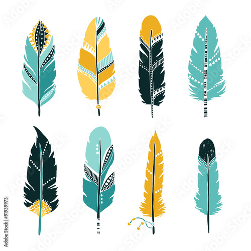 Hand drawn set of feathers