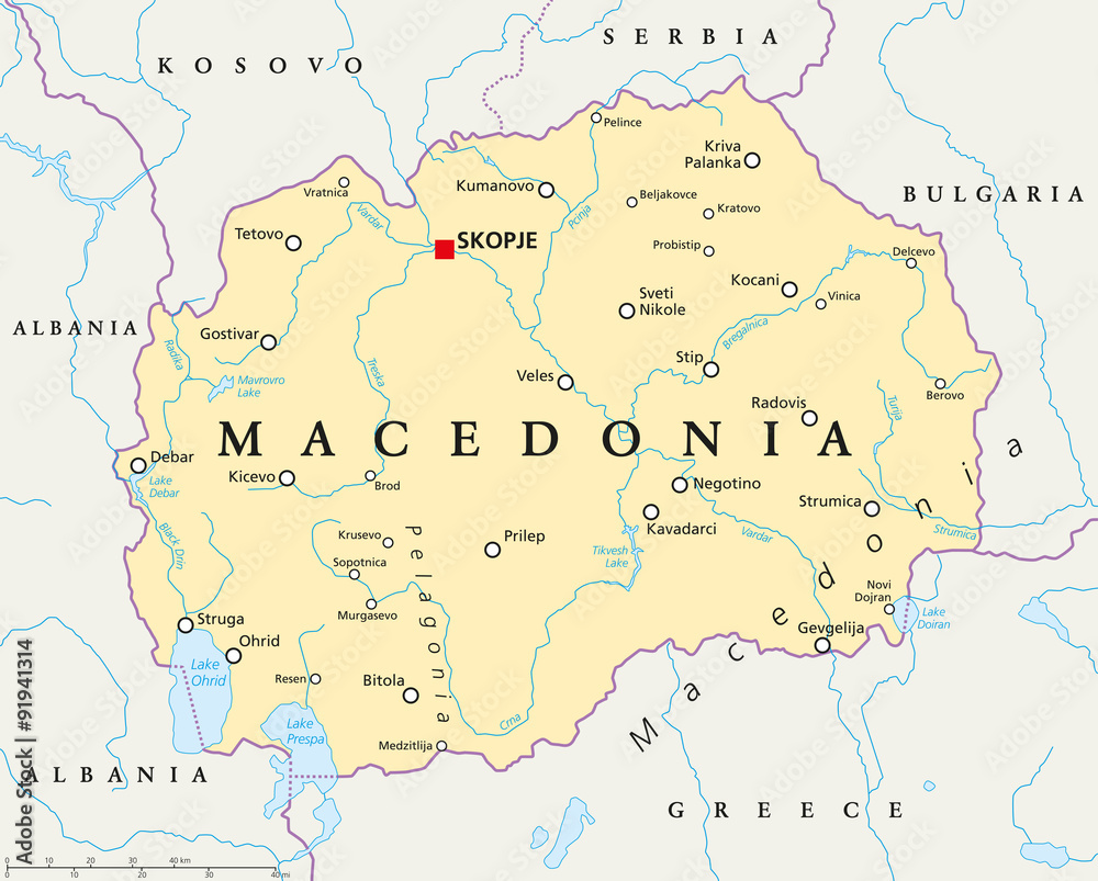 Macedonia political map with capital Skopje, national borders, important cities, rivers and lakes. English labeling and scaling. Illustration.