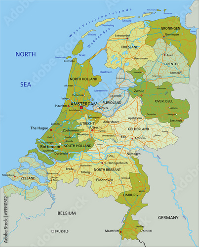 Highly detailed editable political map with separated layers. Netherlands.