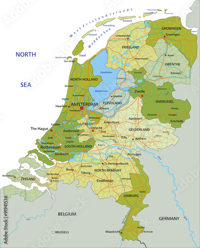 Highly detailed editable political map with separated layers. Netherlands.