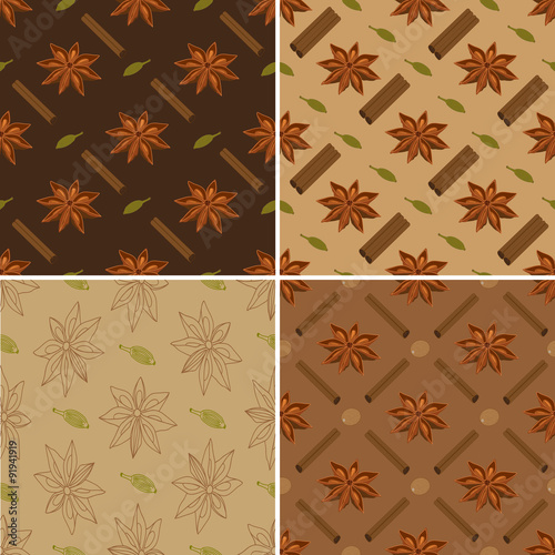 Set of four spicy seamless patterns. Star anise with cardamom, cinnamon sticks and nutmeg.