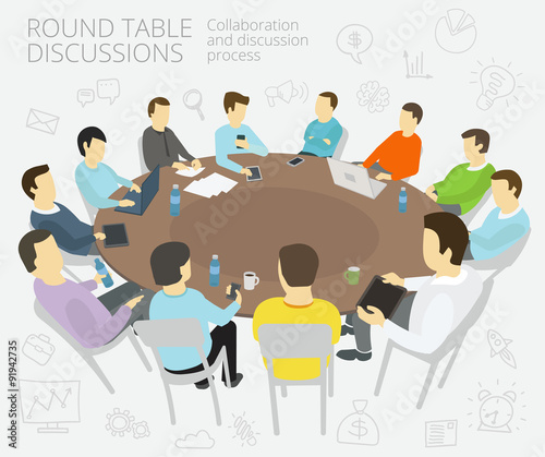 Round-table talks. Group of business people team having a meeting, conference