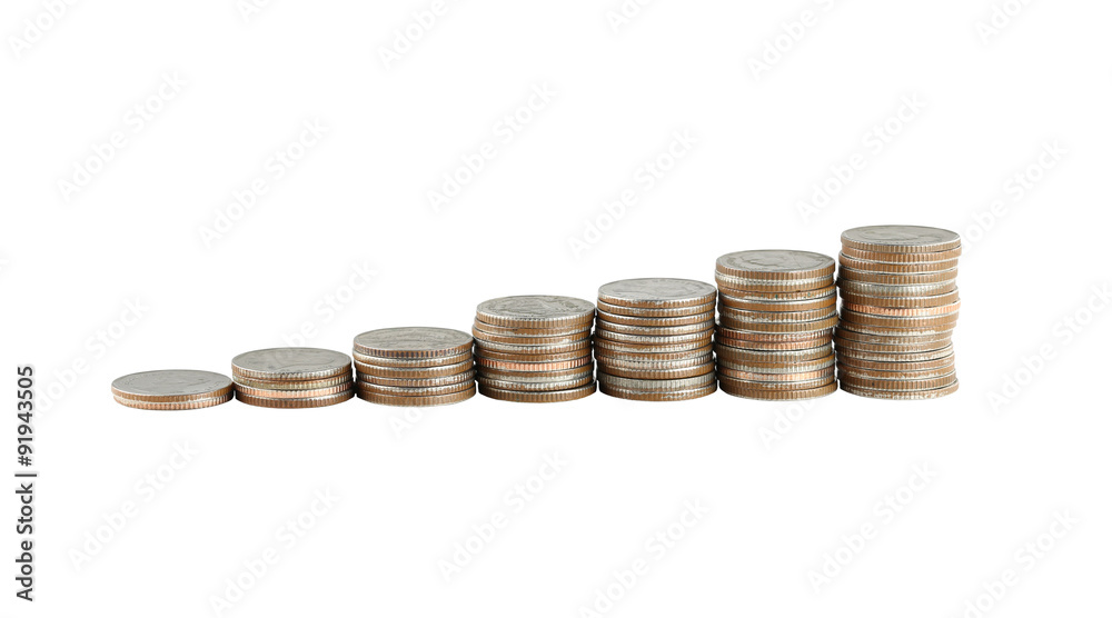 silver coin stack in concept of business growth on white. silver coin stack in concept of business growth on white.