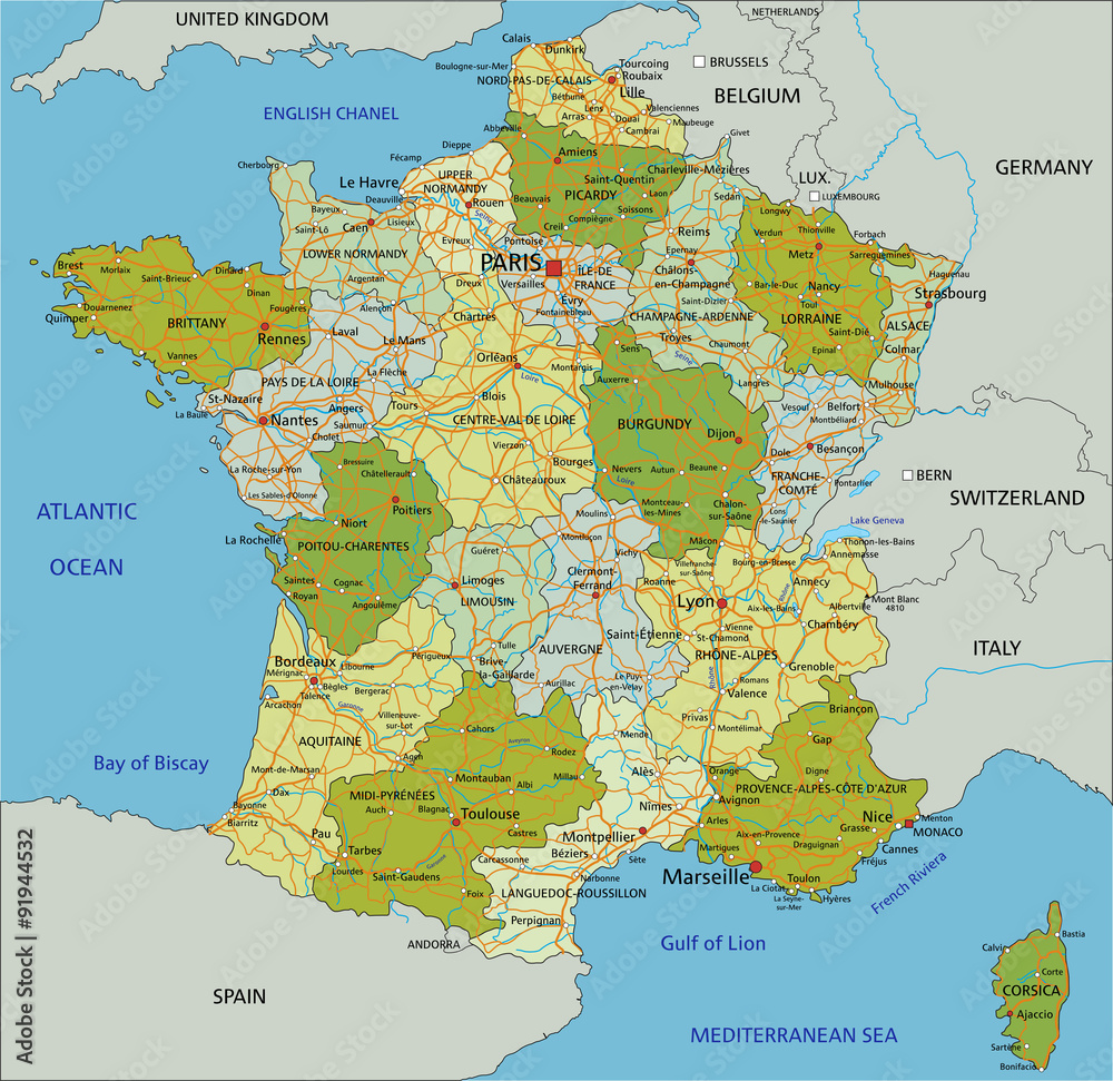 Highly detailed editable political map with separated layers. France ...