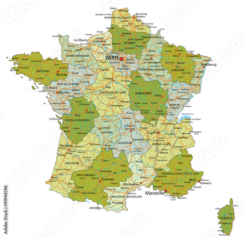 Highly detailed editable political map with separated layers. France.