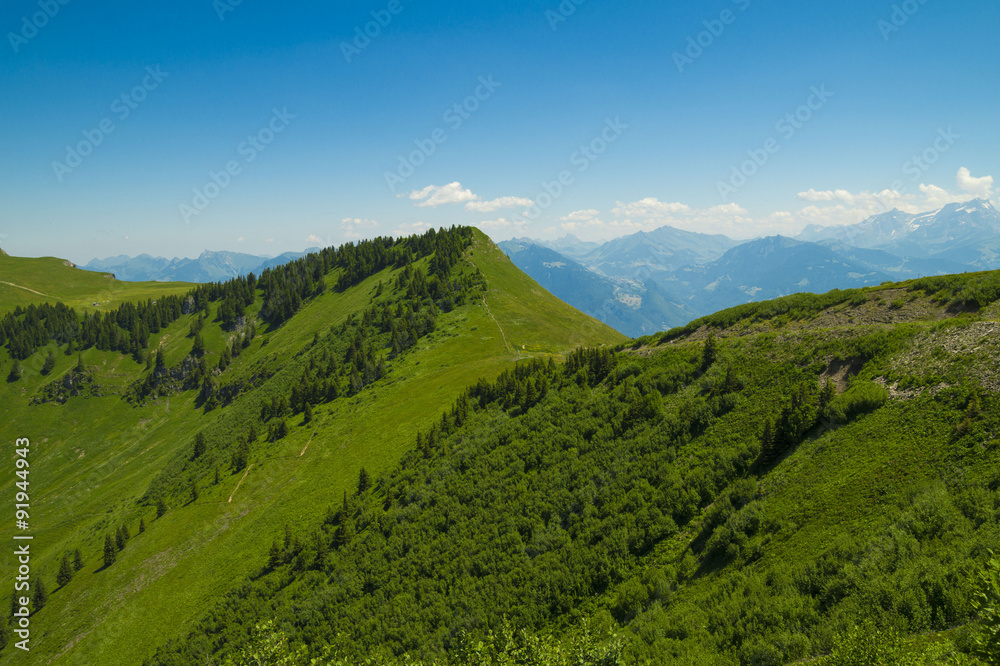 Alps Mountains - touristic region Portes du Soleil, France and Switzerland together.