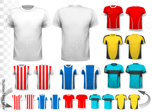 Collection of various soccer jerseys. The T-shirt is transparent