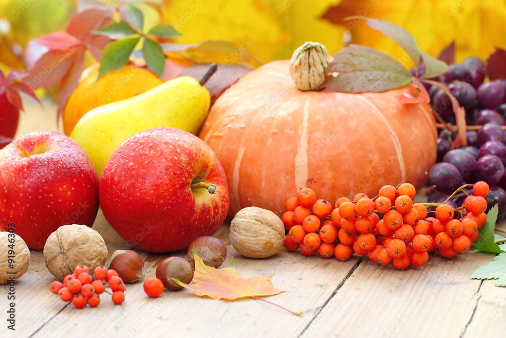 Autumn still life with assorted fruit, vegetables, berries and nuts