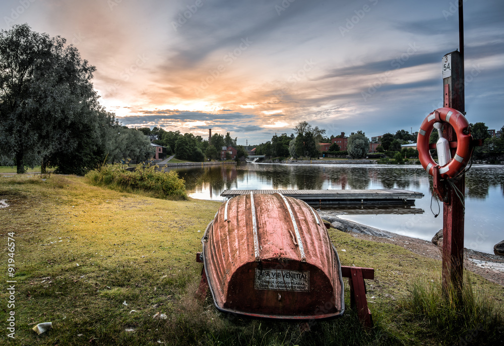 Lifeboat, sunset river lanscape in Helsinki