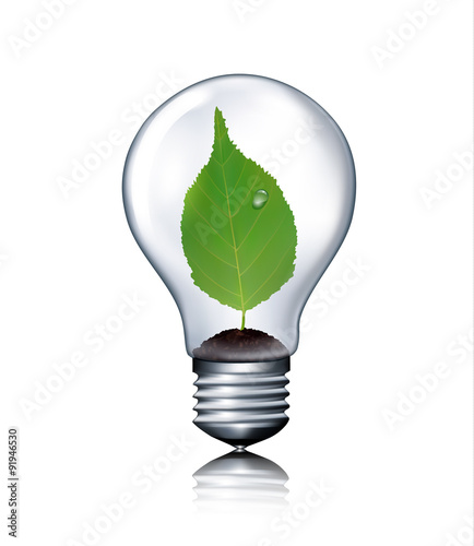 Eco light bulb with green leaf. Vector.
