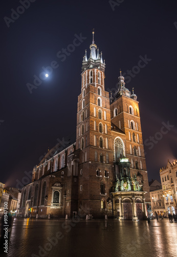 Krakow, Poland, St Mary's church on the Main Market Square in the night #91947300