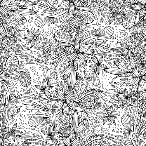Vector seamless black doodles pattern, floral ethnic ornament, fashion pattern for fabric