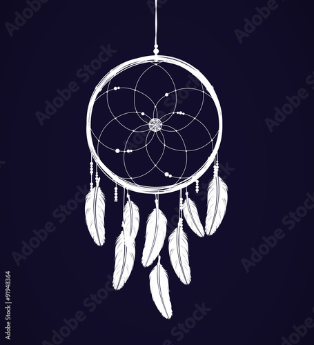 Dreamcatcher with feathers and Beaded Thread. Eethnic aztec, dra