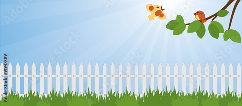 lawn in the garden and white picket fence

