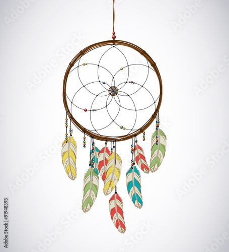 Dreamcatcher with feathers and Beaded Thread. Eethnic aztec, dra