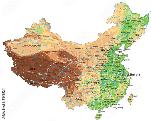 High detailed China physical map with labeling.
