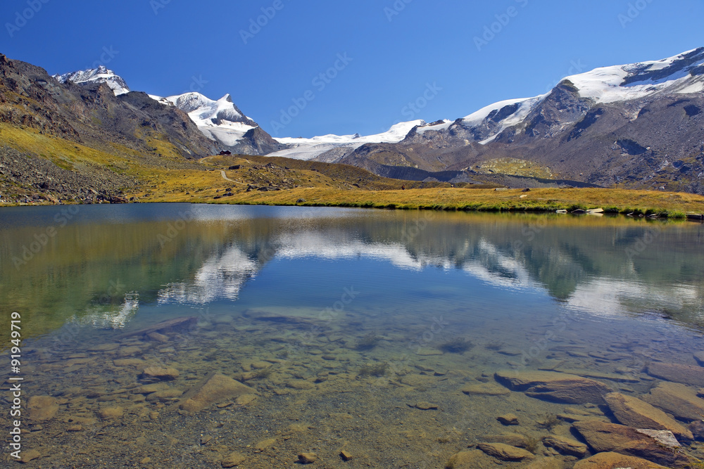 gorgeous summer landscape with mountain lake in the Swiss Alps
