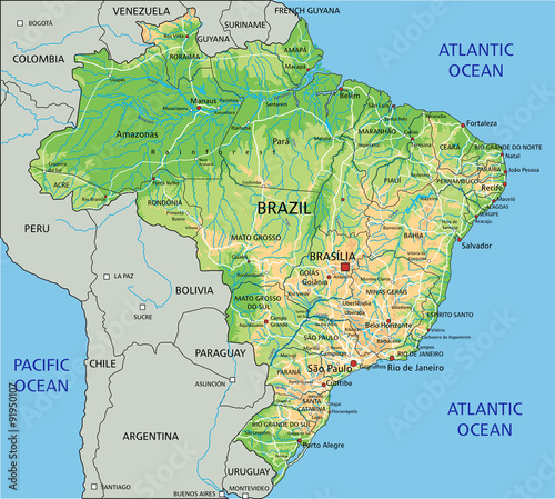 Obraz na płótnie High detailed Brazil physical map with labeling.