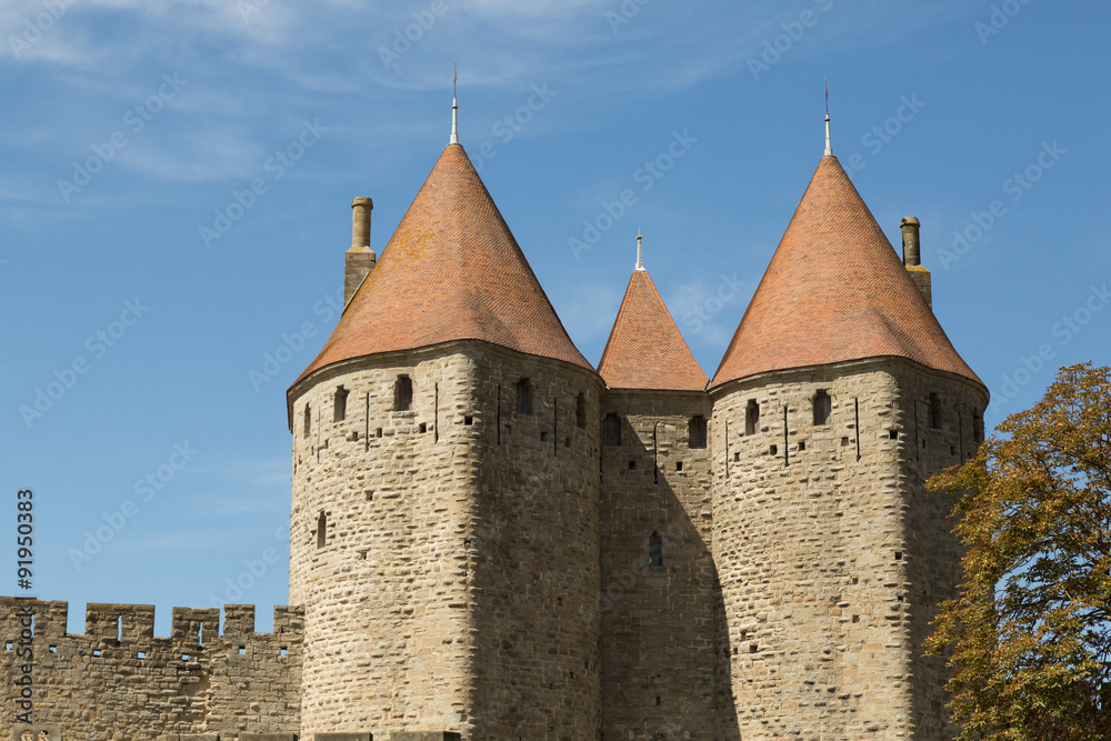 walls and towers of the medieval town of Carcassonne, France