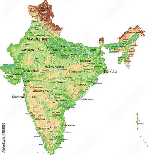 High detailed India physical map with labeling.