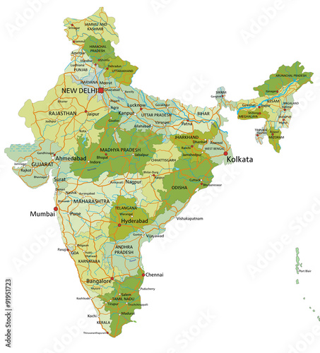 Highly detailed editable political map with separated layers. India.