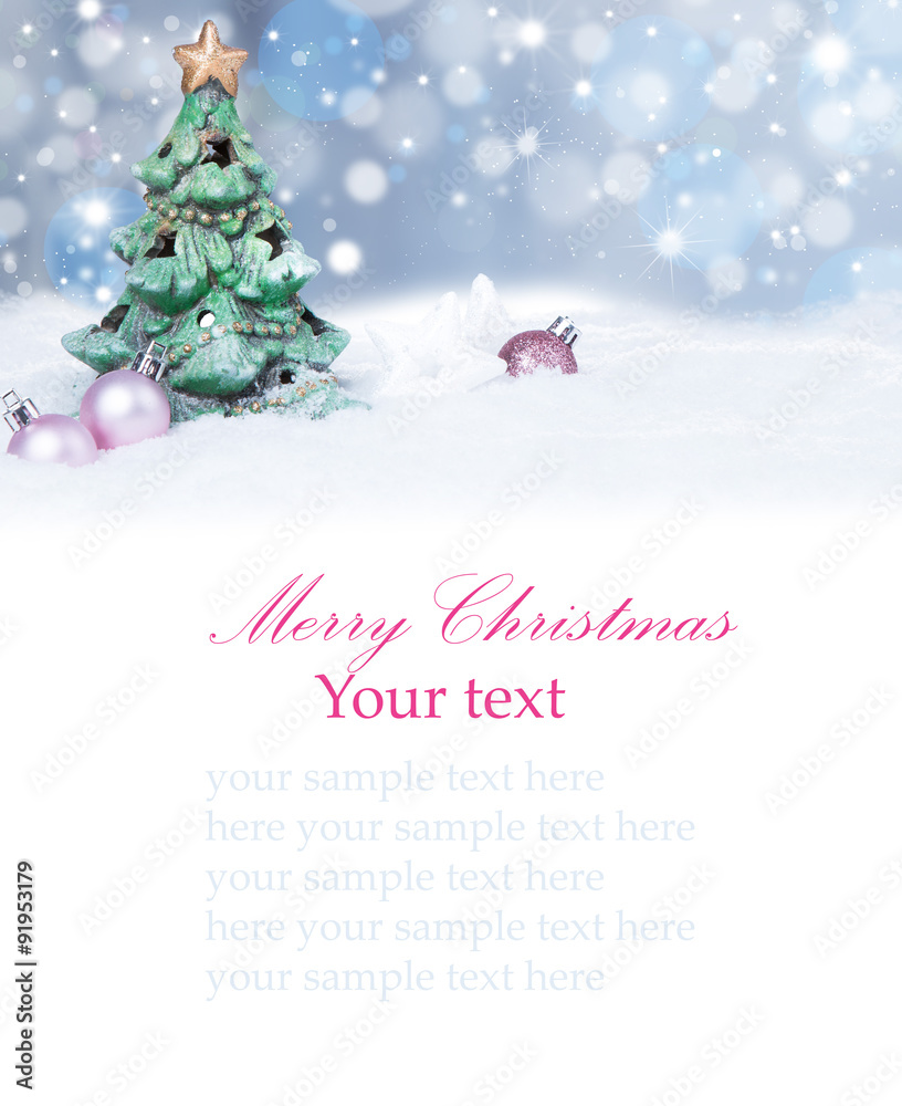 Fototapeta premium Christmas background with baubles,snow and snowflakes, free space for text. Christmas decoration. 