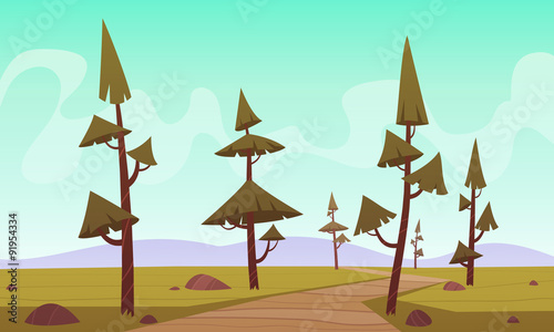 Mountain cartoon landscape with pines and country road.