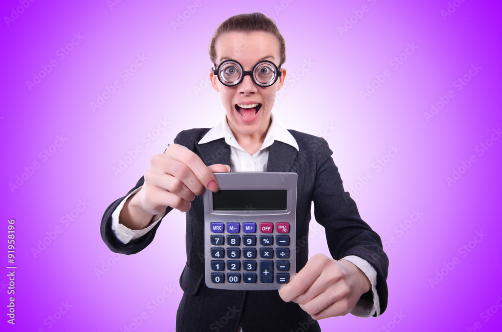 Nerd female accountant with calculator Nerd female accountant with calculator