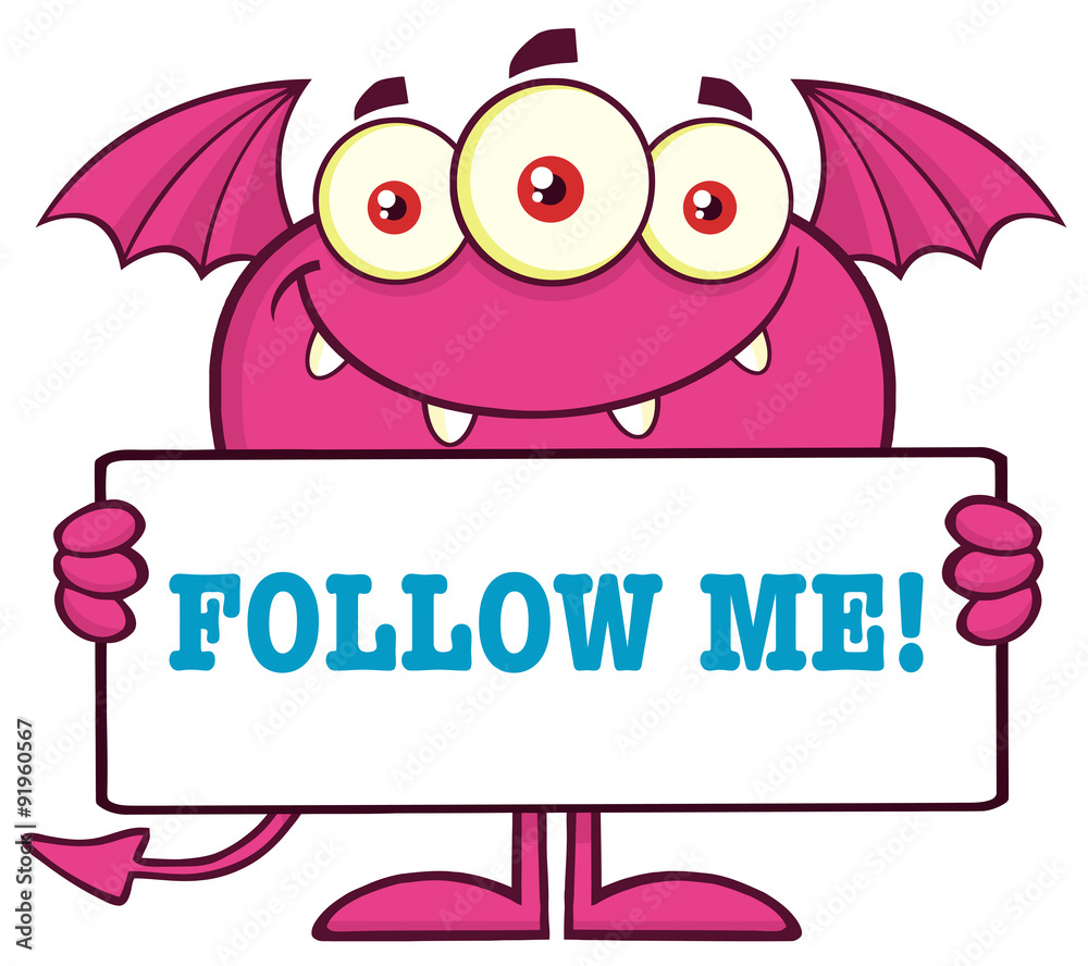Obraz premium Pink Monster Cartoon Character Holding A Follow Me Sign
