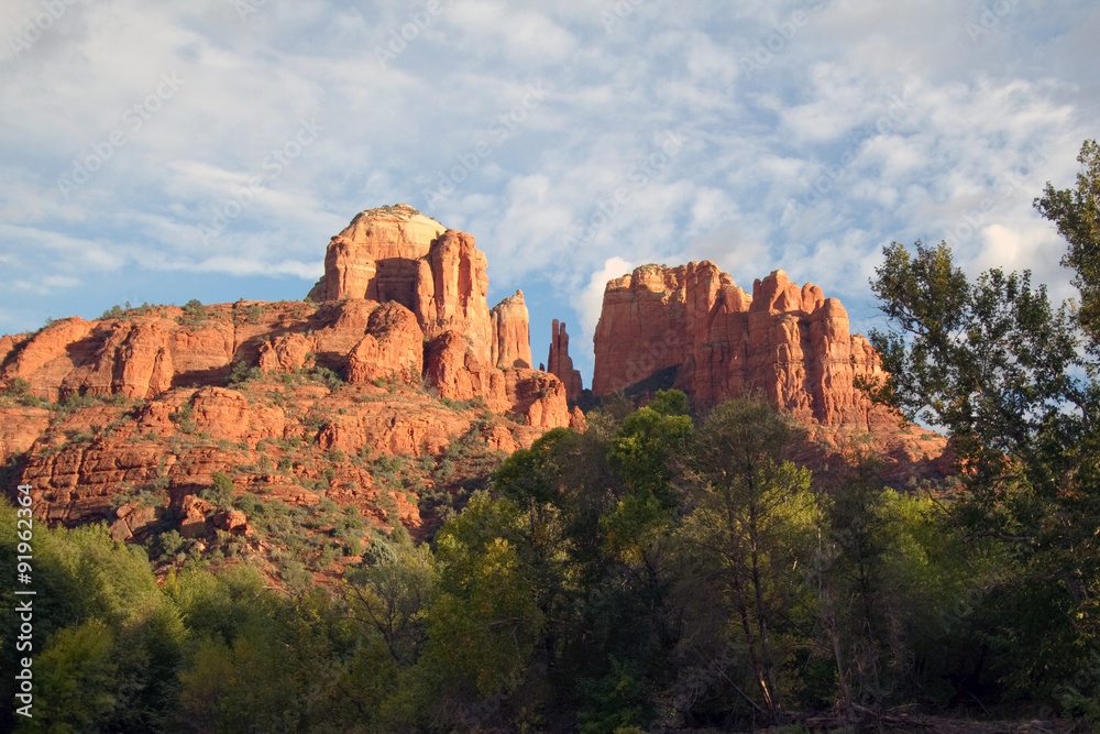 Sunset light on Cathedral Rock from Red Rock Crossing Park in Sedona, Arizona