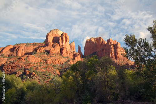 Sunset light on Cathedral Rock from Red Rock Crossing Park in Sedona, Arizona