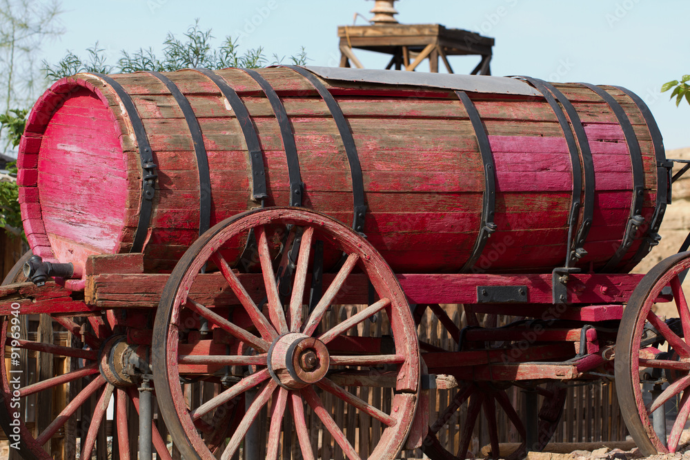 Vintage red fire wagon in Calico Ghost Town, owned by San Bernardino County, California