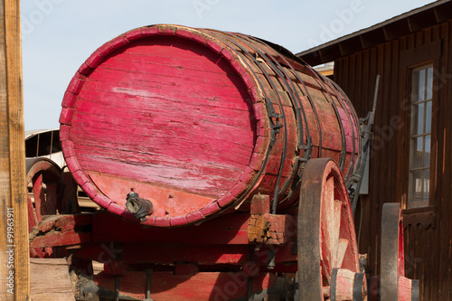 Vintage red fire wagon in Calico Ghost Town, owned by San Bernardino County, California