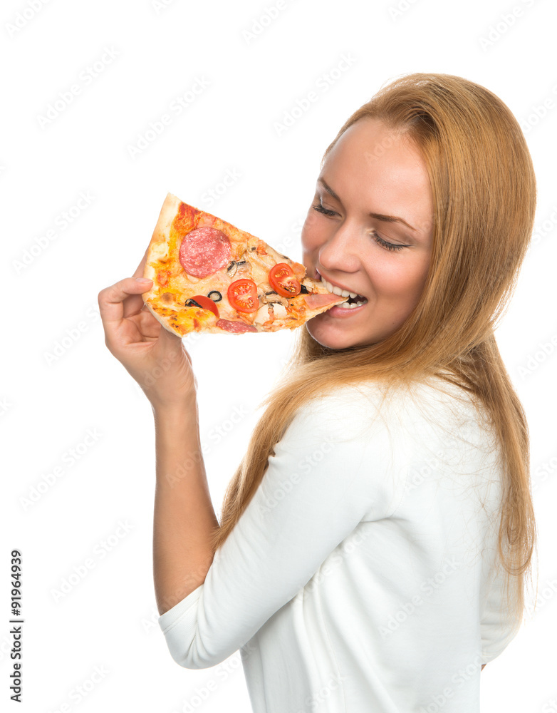 Happy woman enjoy eating slice of pepperoni pizza with tomatoes Happy woman enjoy eating slice of pepperoni pizza with tomatoes