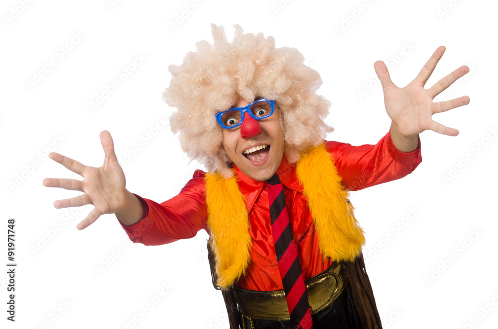 Funny clown in fun concept isolated on white Funny clown in fun concept isolated on white