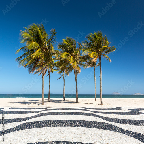 Palm trees and the iconic Copacabana beach mosaic sidewalk, in Rio de Janeiro, Brazil.