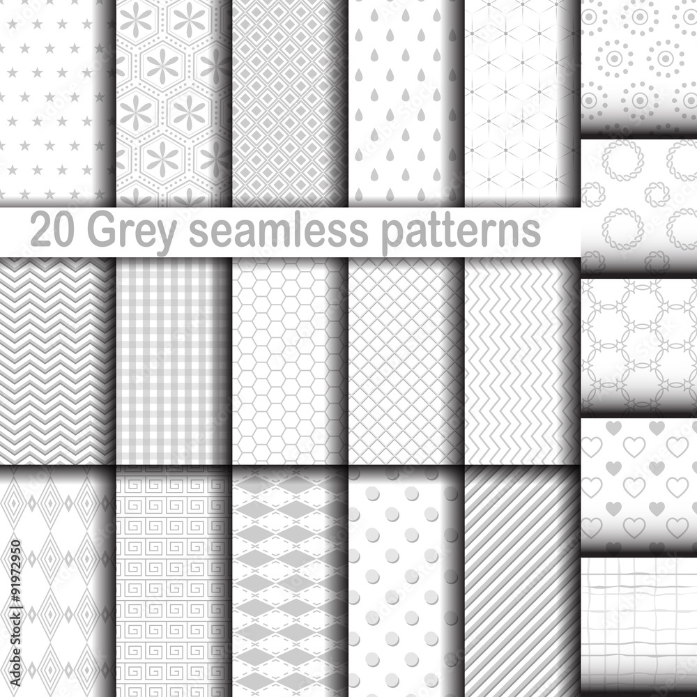 Set of 20 grey seamless patterns. Used for wallpaper, pattern fills, web page background, textures, classic ornaments.