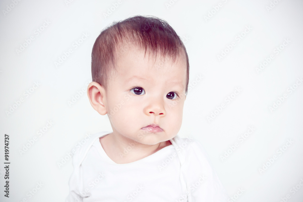 Asian baby girl smiling, studio shot (soft focus on the eyes) Asian baby girl smiling, studio shot (soft focus on the eyes)