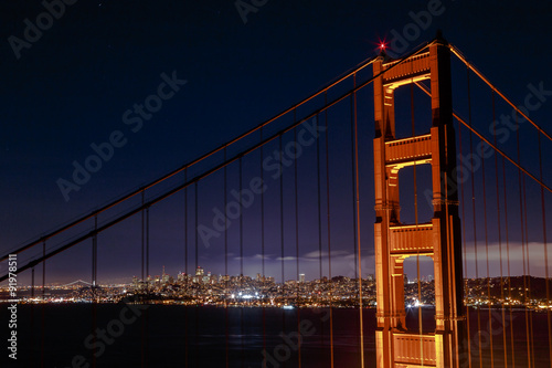 The glowing city of San Francisco through the Golden Gate Bridge