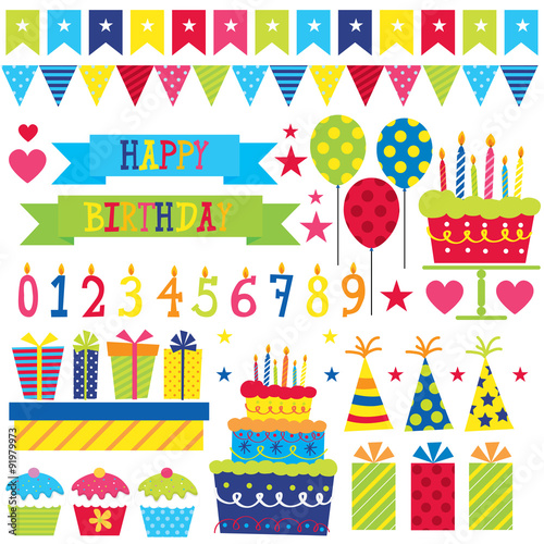 Birthday party Set with cupcake present banner party hat  balloon  and birthday cake vector illustration.EPS 10 and hi-res jpg included 