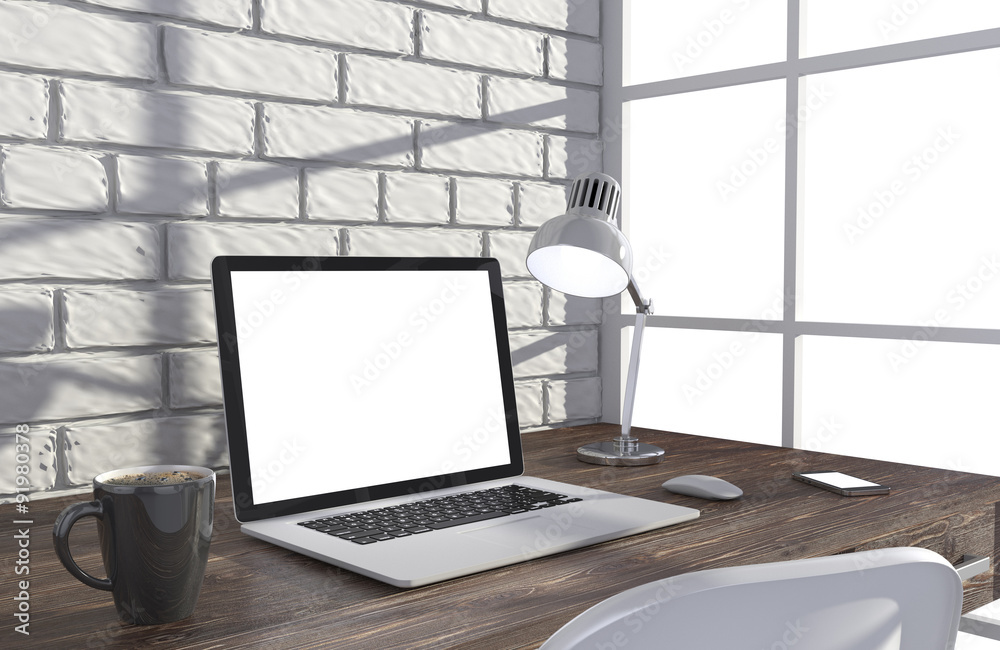 Fototapeta premium 3D illustration laptopand work stuff on table near brick wall