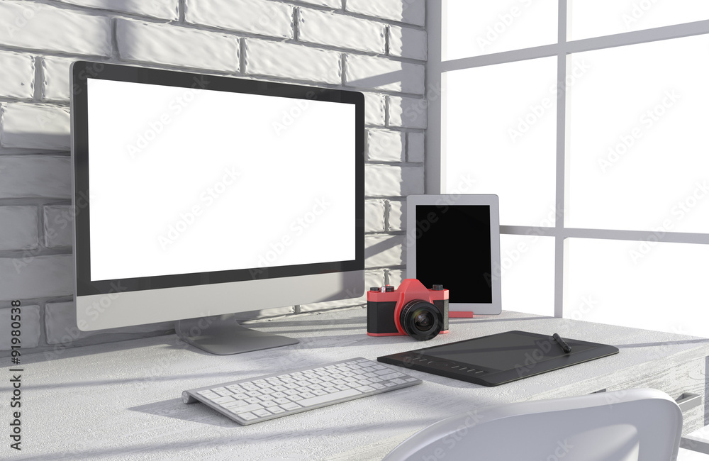 Fototapeta premium 3D illustration PC screen on table in office, Workspace