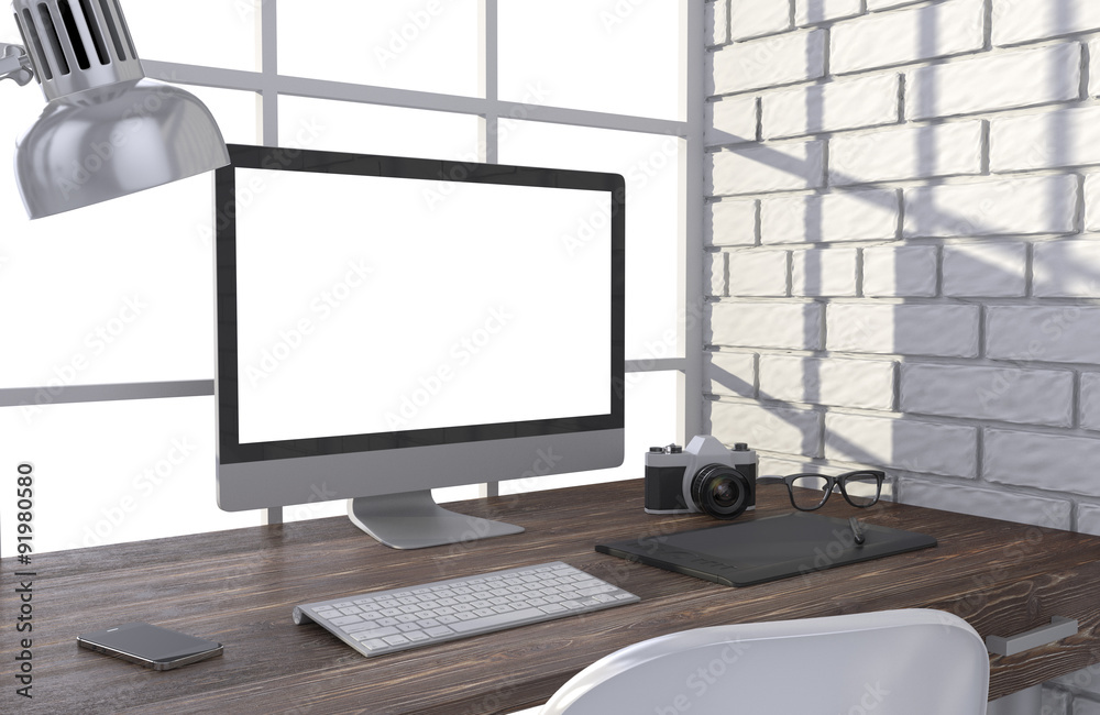 Fototapeta premium 3D illustration PC screen on table in office, Workspace