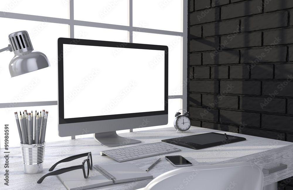 3D illustration PC screen on table in office, Workspace 3D illustration PC screen on table in office, Workspace