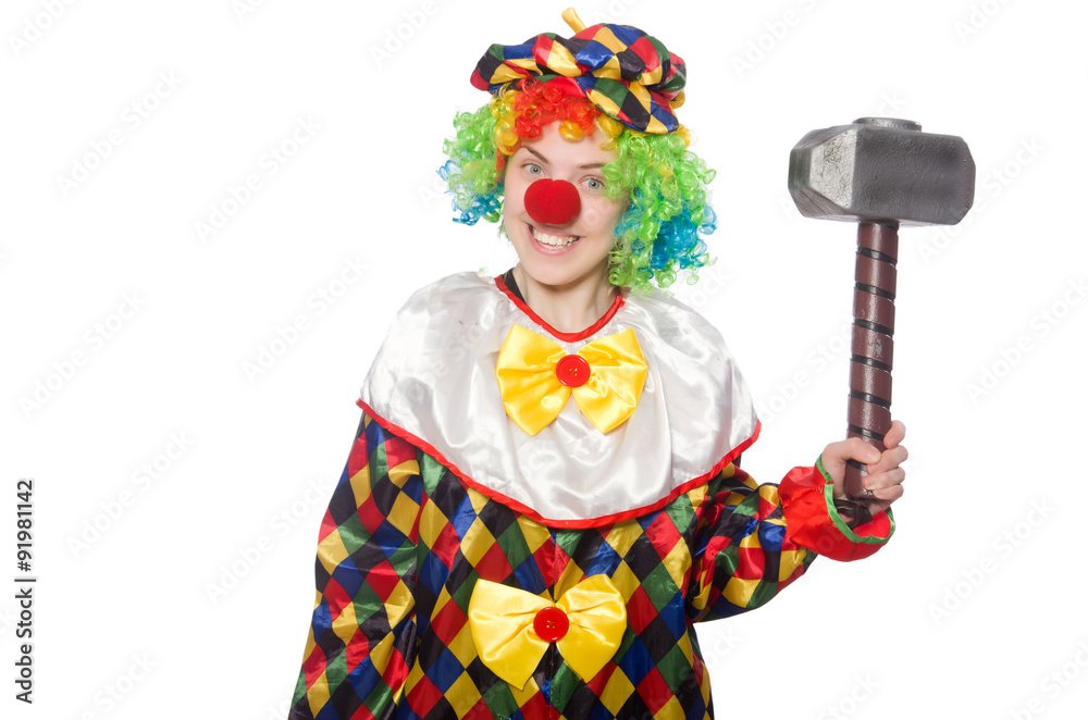 Clown with hammer isolated on white