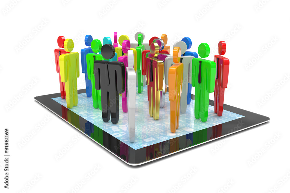 group of people figures on tablet PC, 3d render group of people figures on tablet PC, 3d render