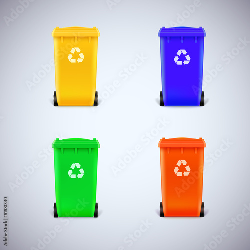 Colored waste bins with the lid closed