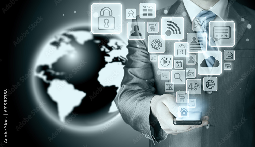 Business man using smart phone with social media icon set Business man using smart phone with social media icon set